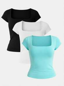 Kit 3 Women's Short Sleeve Suplex Blouse Cold Mesh Basic Blouse - Aqua Green, White and Black - View 1