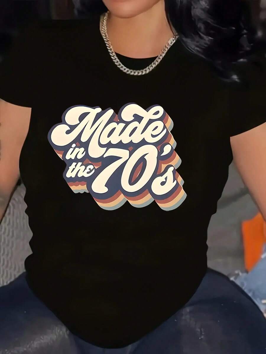 Plus Size 'Made In The 70s' Vintage Pattern Plus Size T-Shirt - Casual Crew Neck, Black Polyester Blend Stretch T-Shirt, Machine Washable - Women's Fashion - Mixed Colors - View 1