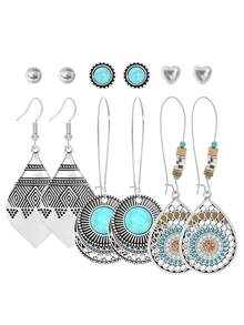 TopHanqi Bộ 54/24/6 khuyên tai tông bạc Bohemian cổ điển dành cho nữ, khuyên tai dạng đinh tán rỗng hình học bằng hợp kim kẽm, đa năng để đeo hàng ngày, dự tiệc, đi làm, mọi mùa - Màu Bạc Cổ - Xem 5