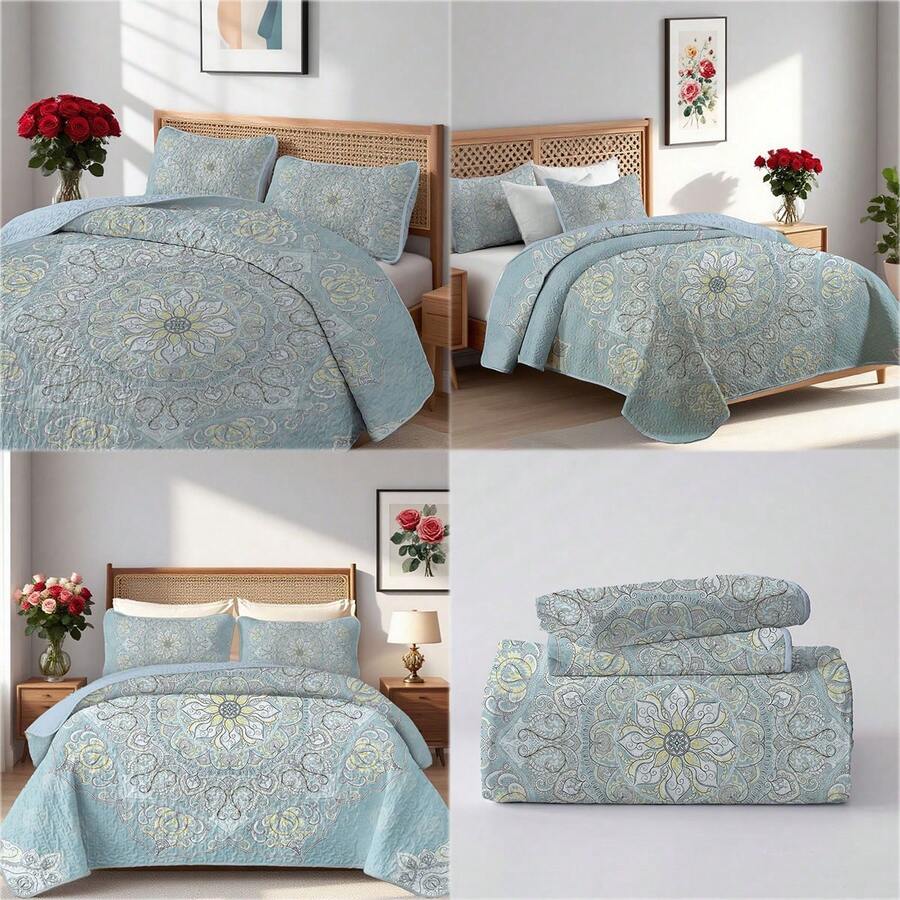 2/3pcs Luxury Boho Flower Printed Quilt Set(1 Quilt + 1/2 Pillowcases), Machine Washable Durable And Lightweight Summer Bedding Set, 100% Microfiber Breathable Bedspread Set, Versatile For All Seasons, Creative Room Decor - Hoa Bohemian - Xem 1