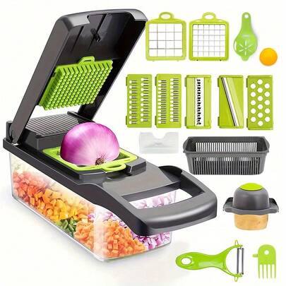 16-In-1 Manual Vegetable And Onion Chopper - Heavy Duty Stainless Steel (201) Multi-Purpose Cutter With Replaceable Blades, Drain Basket, And Container - No Electricity Required, Portable Kitchen Prep Station For Home, Restaurants, Camping, And Cookouts - Easy-Clean Design For Carrots, Garlic, Onions, Potatoes, Fruit, And Herbs - Ideal For Busy Cooks And Professional Kitchens, Ergonomic Handle, High-Quality Tool, Efficient Slicer, Must-Have For Home Chefs