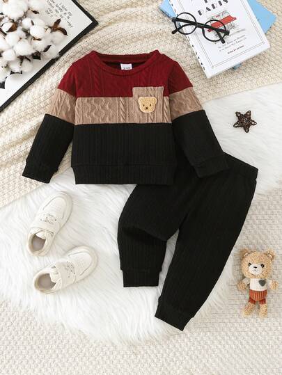 Toddler Boys' Bear Pattern Contrast Color Patchwork Pocket Long Sleeve Top And Solid Color Pants Set, Casual For Daily Wear
