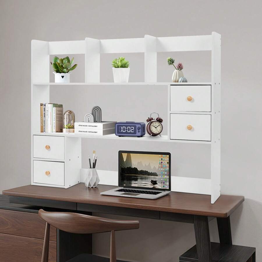 Rainaut 1PC Desktop Wood Desk Bookshelf Organizer, Office Storage Rack, Desktop Rack, White - trắng - Xem 1