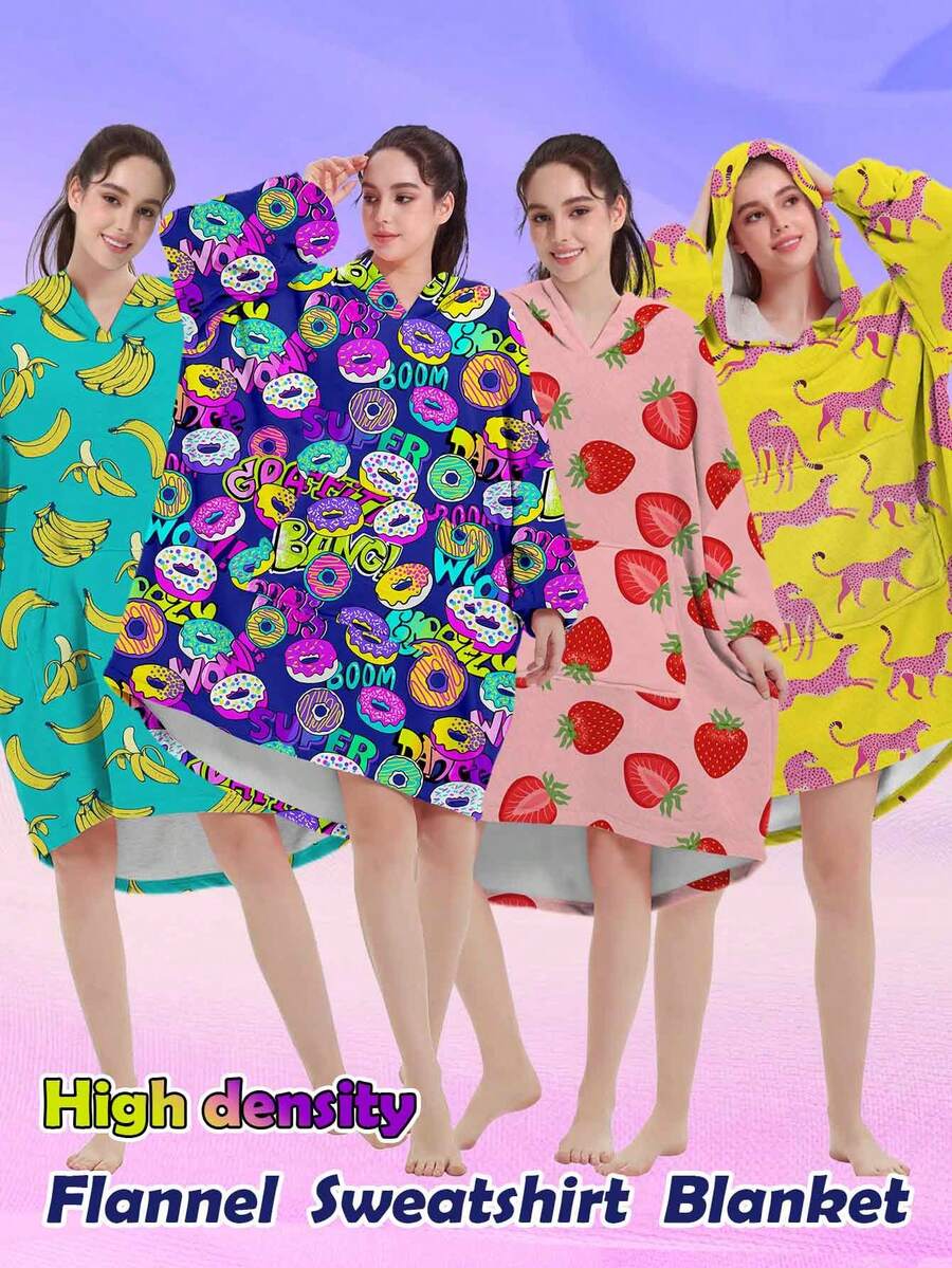 1pc Thick Flannel Single Layer Hoodie With High Permeability Printing, Adult Wearable Blanket With Sweet Donut, Leopard, Fruit Patterns, Warm And Windproof Loungewear For Autumn/Winter