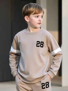 2pcs/Set Tween Boy Spring/Autumn Printed Sweatshirt & Pants Casual Outfit