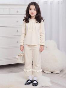 Conjunto de camisa de manga larga con cuello de volantes con cuentas y pantalones anchos de pierna ancha con dobladillo de volantes para niñas - Albaricoque - Ver 2