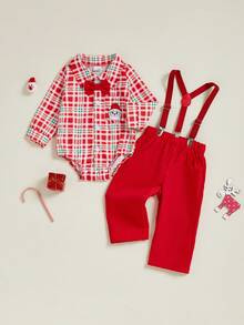 Baby Boys Christmas Outfit Long Sleeve Lapel Plaid Romper Suspender Pants Sets