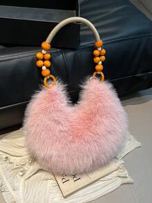 2025 Autumn/Winter Furry Handbag, Plush Small Bag, Shoulder Dumpling Bag, Wooden Bead Unique Creative Tote Bag, Shoulder Bag
