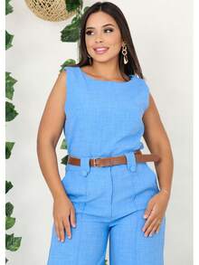 Women's Set Tank Top And Pants Tailored Simple Elegant Casual With Belt Pocket - 淺藍色 - 查看 2