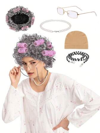 Old Lady Wig COS GRANDMA Short Curly Hair GRANDPA Middle-Aged And Elderly Sketch Dress Up Suit,Grandma Cosplay Set Funny Old Lady Dress Up Set With Wig Caps Pearl Necklace Eye Glasses Chain Realistic Granny Costume Wig Old Lady Costume Set For Halloween Masquerade Old Woman Wig