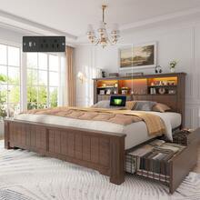 EnHomee Farmhouse Bed Frame With LED Lights And Charging Station Metal Platform Bed With 4 Drawers & Bookcase Headboard No Noise - Xem 7