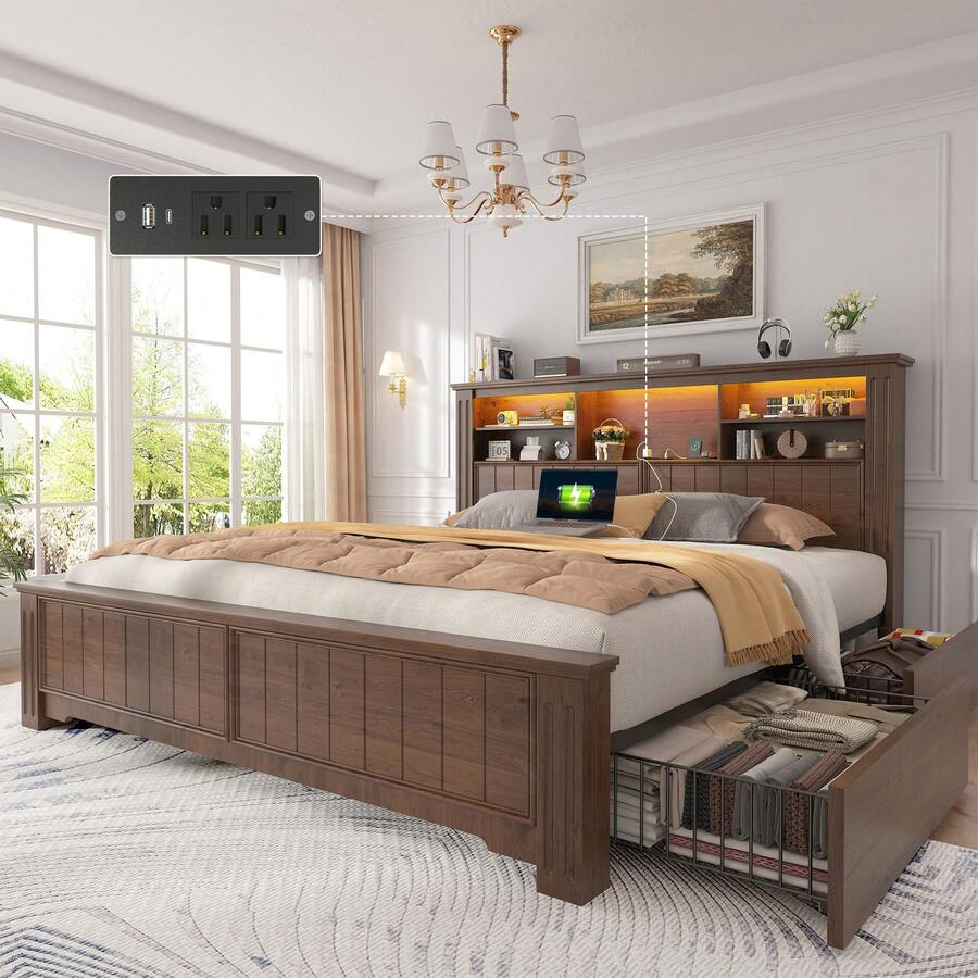 EnHomee Farmhouse Bed Frame With LED Lights And Charging Station Metal Platform Bed With 4 Drawers & Bookcase Headboard No Noise - View 1