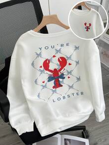GLOpass Women's Fashionable Versatile Lobster Print Long Sleeve Sweatshirt, Crew Neck Loose Fit Casual Pullover, Suitable For Daily Wear, Travel, Airport