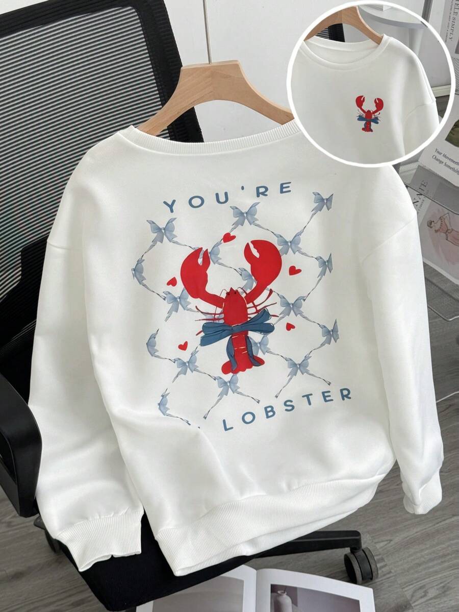 GLOpass Women's Fashionable Versatile Lobster Print Long Sleeve Sweatshirt, Crew Neck Loose Fit Casual Pullover, Suitable For Daily Wear, Travel, Airport