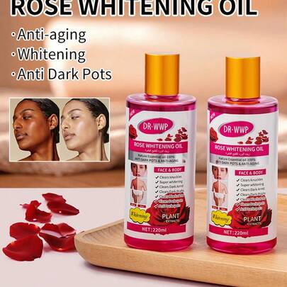 220ml Rose Whitening Essential Oil, Suitable For Face & Body, Fades Blemishes, Powerful Skin Whitening, Anti-Aging, Ideal For Home SPA, Couples Massage, Stress Relief