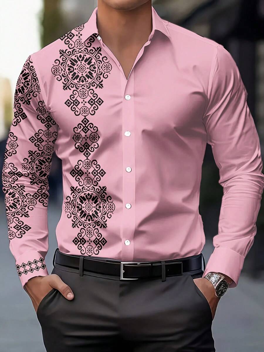Camisa casual de manga larga para hombre, estampado único - Multicolor - Ver 1