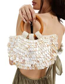 Shell Purse For Women Handmade Seashell Beaded Clutch Beach Wooden Top Handle Bag - trắng - Xem 2