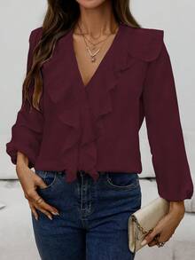 Lässige Bluse mit V-Ausschnitt, Langarm und gerüschtem Saum