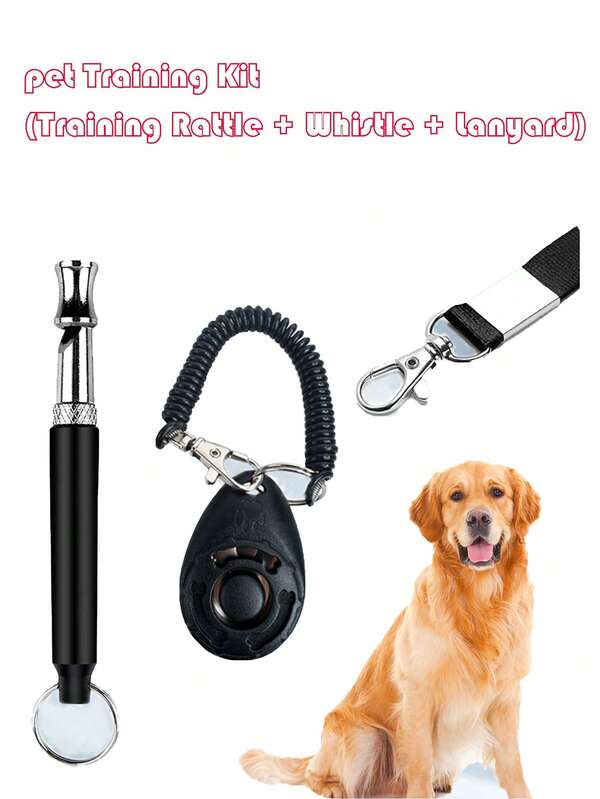 Pet Training Clicker 3 Pieces Set (Training Rattle + Whistle + Lanyard), Portable Dog Silent Training Tool For Recall, Stop Barking, Whistle - Puppy Behavioral Training Aid Accessory With Lanyard - Barking Control Device - Long Range Adjustable Frequency