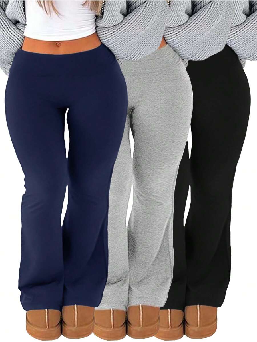 3pcs/Set Large Size Women's Casual High Yoga Pants Set   Elastic Waist Gym Workout Flare Leggings - 藏藍色+淺灰色+黑色 - 查看 1