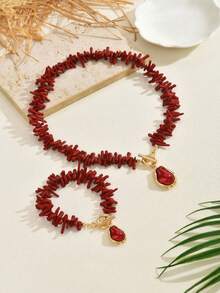 Set de collar y pulsera de 2 piezas con coral rojo barroco y perlas falsas, conjunto de joyería de mujer para verano, fiesta y playa - Rojo + Rojo - Ver 7
