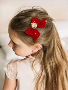 5pcs/Set Girls Velvet Butterfly Clips With Pearl Flower Decor, Red Fabric Hair Clips, Barrettes, Side Clips, Bangs Clips, Rhinestone Hair Accessories, Suitable For Valentine's Day, Christmas, Daily Use - Red - View 5