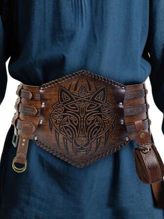 3pcs Medieval Vintage Viking Warrior Armor Belt Set, With Waist Pouch And Keychain - PU Leather Medieval LARP Costume, Nordic Warrior Wolf & Fox Head Design, Renaissance Fair Gear, Historical Costume Accessories, Halloween Costume Accessories Autumn-Winter Accessories,Suitable For Teens, Youth,Men,Casual, Outdoor, Athletic, Vacation, Graduation Gifts, Birthday, Daily Wear Halloween, Casual, Business, Street, Boho, Western, Outdoor, Gift For Men, Husband, Boyfriend, Father, Dad, Christmas