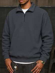 2025 New Autumn/Winter Men's Solid Color Loose Half-Zip Pullover T-Shirt Long Sleeve T-Shirt