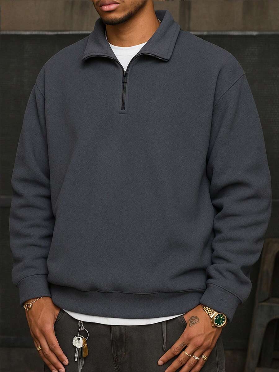 2025 New Autumn/Winter Men's Solid Color Loose Half-Zip Pullover T-Shirt Long Sleeve T-Shirt