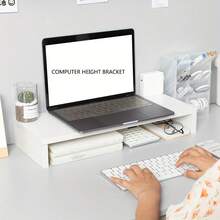 1pc Single-Layer Wooden Computer Desk Riser, White Office Storage Rack, Multifunctional Tabletop Monitor Stand With Drawer Base. Wooden Monitor Stand, Home And Office Desk Riser, Laptop Stand. Suitable For Graduation Gifts, Bachelor Party Gifts, Bridesmaid Gifts, Father's Day Gifts, Halloween Decor - White - View 10