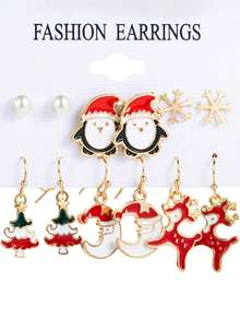 12pcs/Set Fashionable Christmas Tree, Reindeer, Snowflake Design Alloy Earring Set, Christmas Decor, Holiday Vibe Wear, Perfect Gift For Family And Friends