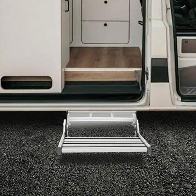 Rainaut RV Camper Steps Compact One-Hand Expand Or Collapse Manual Single Drop Down Steps Metal Solid RV Stairs For Travel Camping Trailers With LED Lights And Remote Control