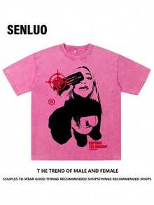 [Y2K Retro T-Shirt] SENLUO Y2K Retro Graphic T-Shirt - 100% Cotton Crew Neck Tee - Casual Street Style Short Sleeve Top With Alphabet Print