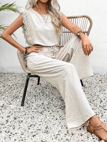 Terno feminino de 2 peças, renda sem mangas, tecido texturizado, cinto ajustável, leve e respirável