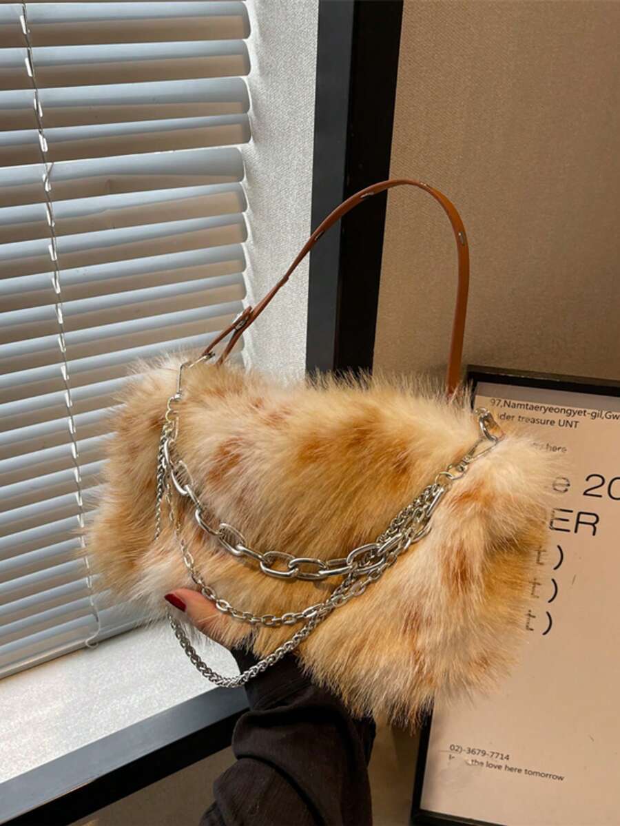 Ombre Plush Chain Underarm Bag, Suitable For Autumn And Winter Outdoor Use - màu nâu - Xem 1