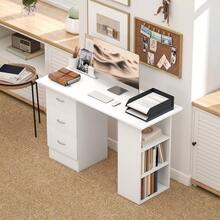 HOMCOM Computer Desk, Writing Table, PC Workstation With 3 Storage Shelves And Drawers, Silver Handle, For Home Office, White - White - View 7