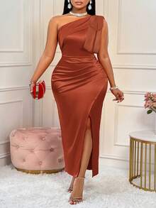 BIUBIU Plus Size Women's Sexy Red Bow Shoulder Ruched High Slit Satin Solid Color Dress, Suitable For Party, Wedding, Anniversary And Other Occasions Elegant Summer - Rust Brown - View 1