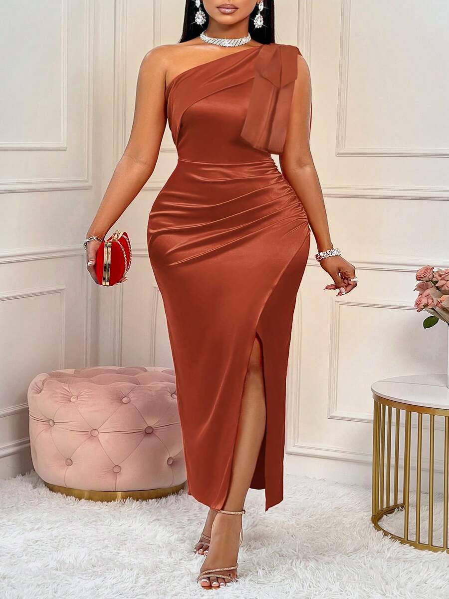 BIUBIU Plus Size Women's Sexy Red Bow Shoulder Ruched High Slit Satin Solid Color Dress, Suitable For Party, Wedding, Anniversary And Other Occasions Elegant Summer - Rust Brown - View 1