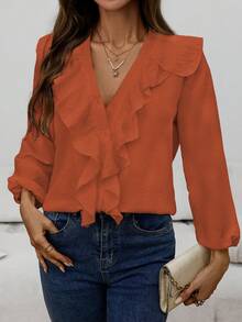 Women's Fashionable Elegant Casual Ruffle Trim V-Neck Long Sleeve Blouse, Spring/Autumn - Orange - View 4