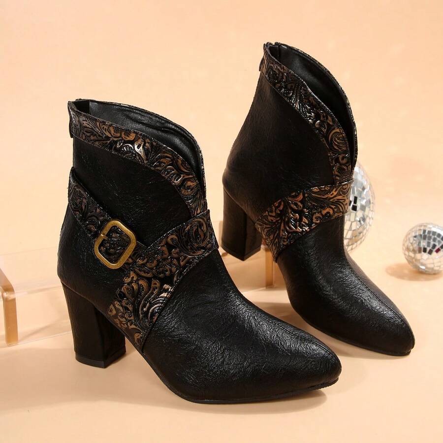 Solid Color Western Style Buckle Holiday Autumn New Short Boots High Heel Pointed Toe Vintage Women Boots