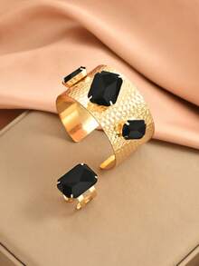 1 Set Vintage Square Ruby Two-Line Gemstone Bangle And Open Ring Jewelry Set, Fashion Statement Jewelry For Women - Square Drill Two Lines - View 15