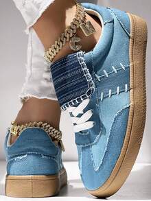 女士蓝色休闲运动鞋，系带舒适轻便平底鞋，学院风帆船鞋，开学季新品 - 藍色 - 查看 3