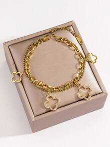 1pc High-Quality Charming Double-Layer Five-Leaf Clover Hollow Stainless Steel Women Bracelet, Suitable For Daily Wear, Party, Shopping, Gift For Women
