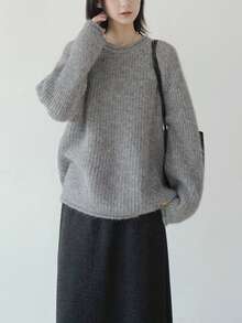 女士简约圆领套头毛衣，适合通勤，秋冬季 - 淺花灰 - 查看 3