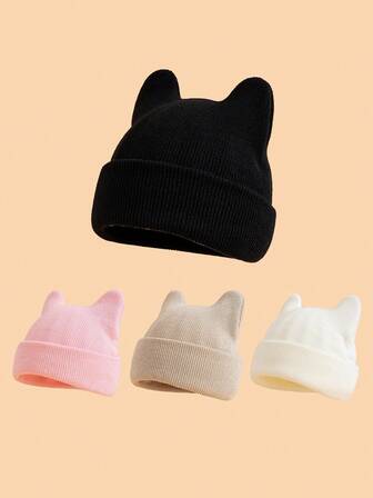 1pc Infant Solid Color Simple Cat Ear Knit Hat, Fashionable & Cute, Comfortable & Warm, Soft, Suitable For 1-3 Years Old Babies In Autumn/Winter