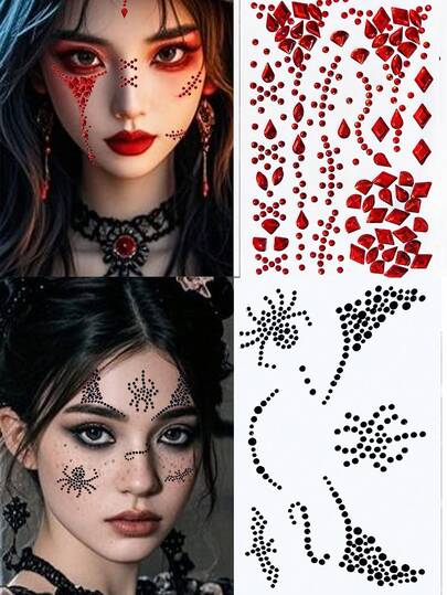 وجه جواهر الهالوين - ملصقات وجه من الراين ستون اللامع الأحمر والأسود | أحجار كريمة الوجه لأحداث التنكر والأزياء المرعبة والمناسبات المقنعة | ملصقات وجه لامعة لاصقة