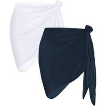 2 Pieces Women Beach Sarong Bathing Suit Wrap Skirt Sheer Bikini Swimsuit Cover Ups For Swimwear - Trắng và xanh navy - Xem 1