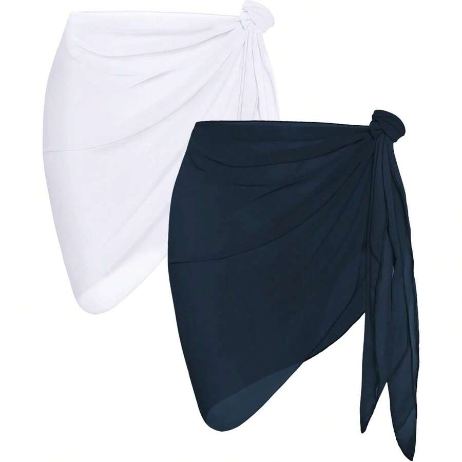 2 Pieces Women Beach Sarong Bathing Suit Wrap Skirt Sheer Bikini Swimsuit Cover Ups For Swimwear - Trắng và xanh navy - Xem 1