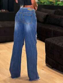 Jeans rectos con efecto desgastado sexy para mujer, casuales para primavera - Azul lavado oscuro - Ver 3
