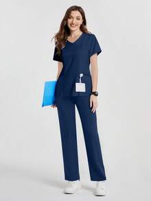 cimmuovere Conjunto de uniforme de mujer con parte superior de manga corta con cuello en V, múltiples bolsillos y bajo con abertura, talla grande pantalón de uniforme liso para enfermeras, dentistas, personal de salud, veterinaria y laboratorio